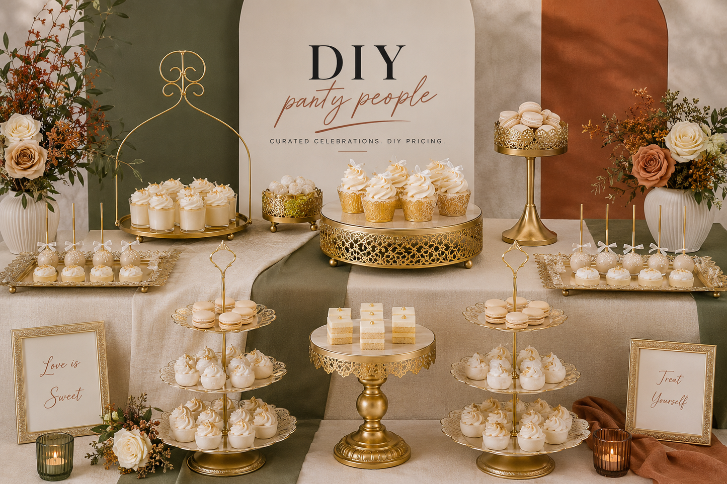 9 Piece Gold Metal Dessert Stands Rental
