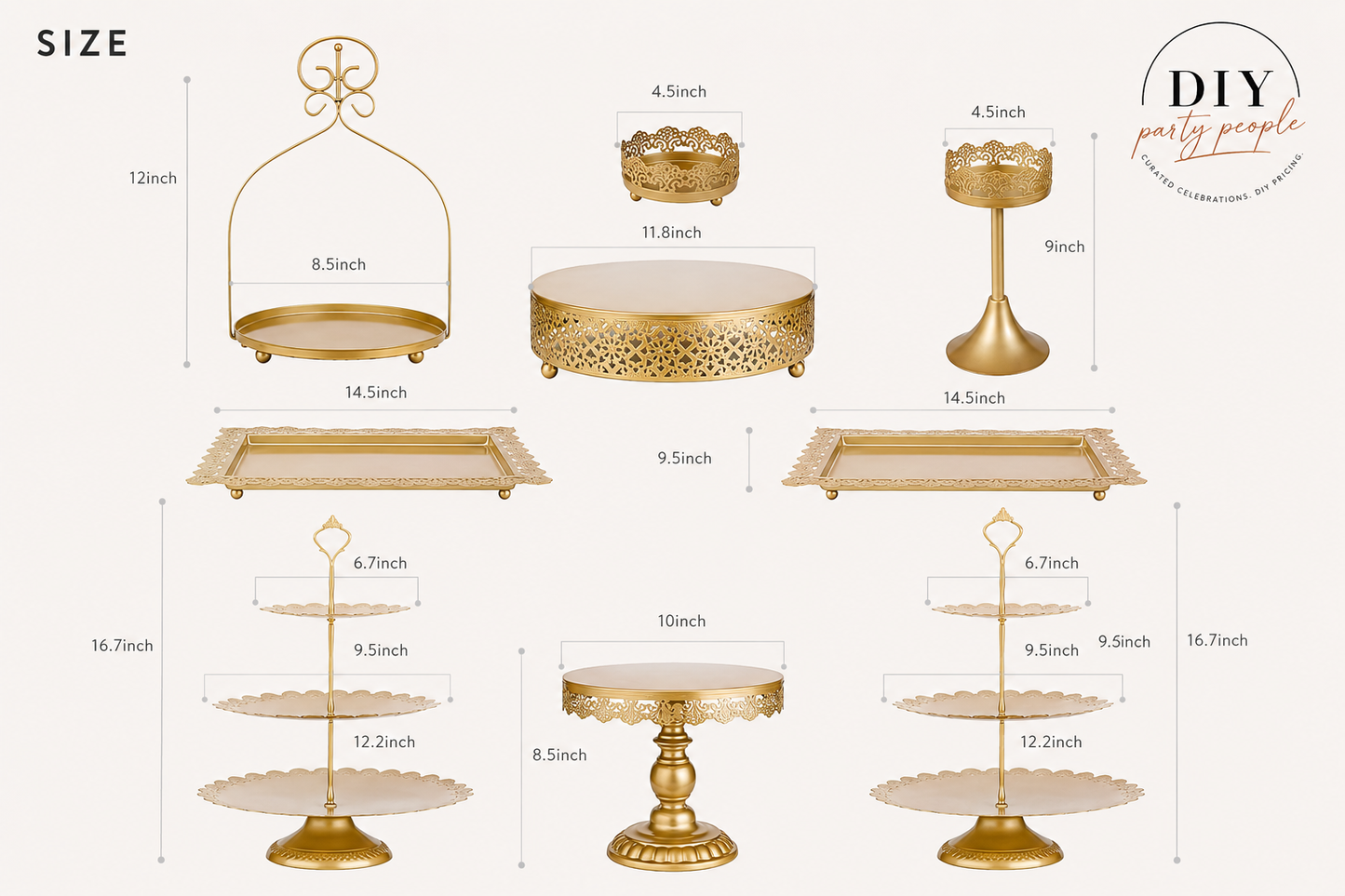 9 Piece Gold Metal Dessert Stands Rental