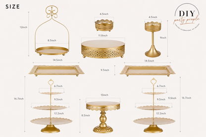9 Piece Gold Metal Dessert Stands Rental