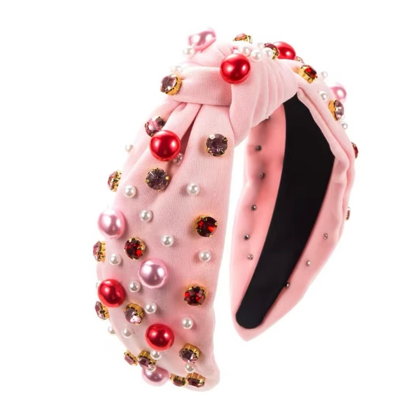 Rhinestone and Pearl Headband Black Baby Pink