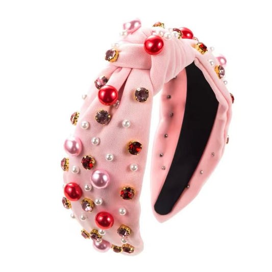 Rhinestone and Pearl Headband Black Baby Pink